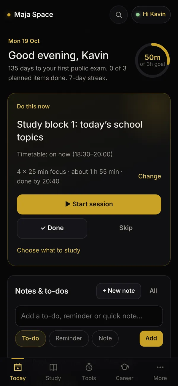 Maja Space on a phone: the Today page with the plan for the day